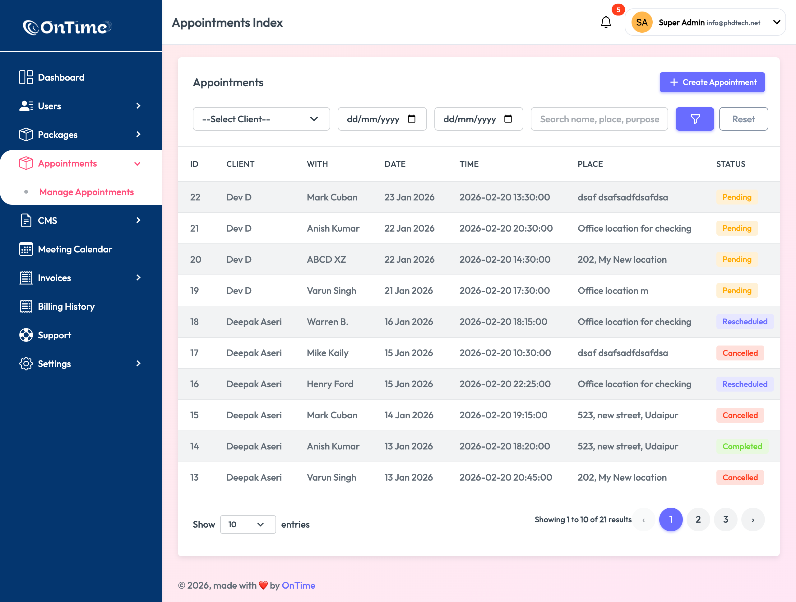 Manage appointments